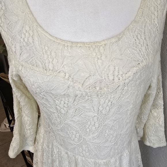 Free People Gypsy Mountain Ivory Lace 3/4 Sleeves Mini Dress Size L - Picture 3 of 10